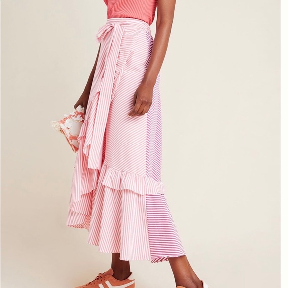HP! Anthropologie Pink Stripped Ruffled Midi Skirt NWT Women’s Size Small - Picture 2 of 9
